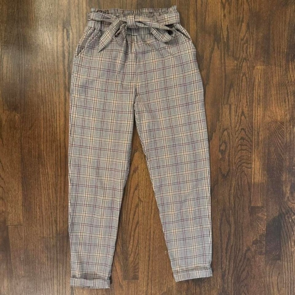 Plaid Work Trousers Black Tan Pink With Tie High-Waisted Size Small Office Prep